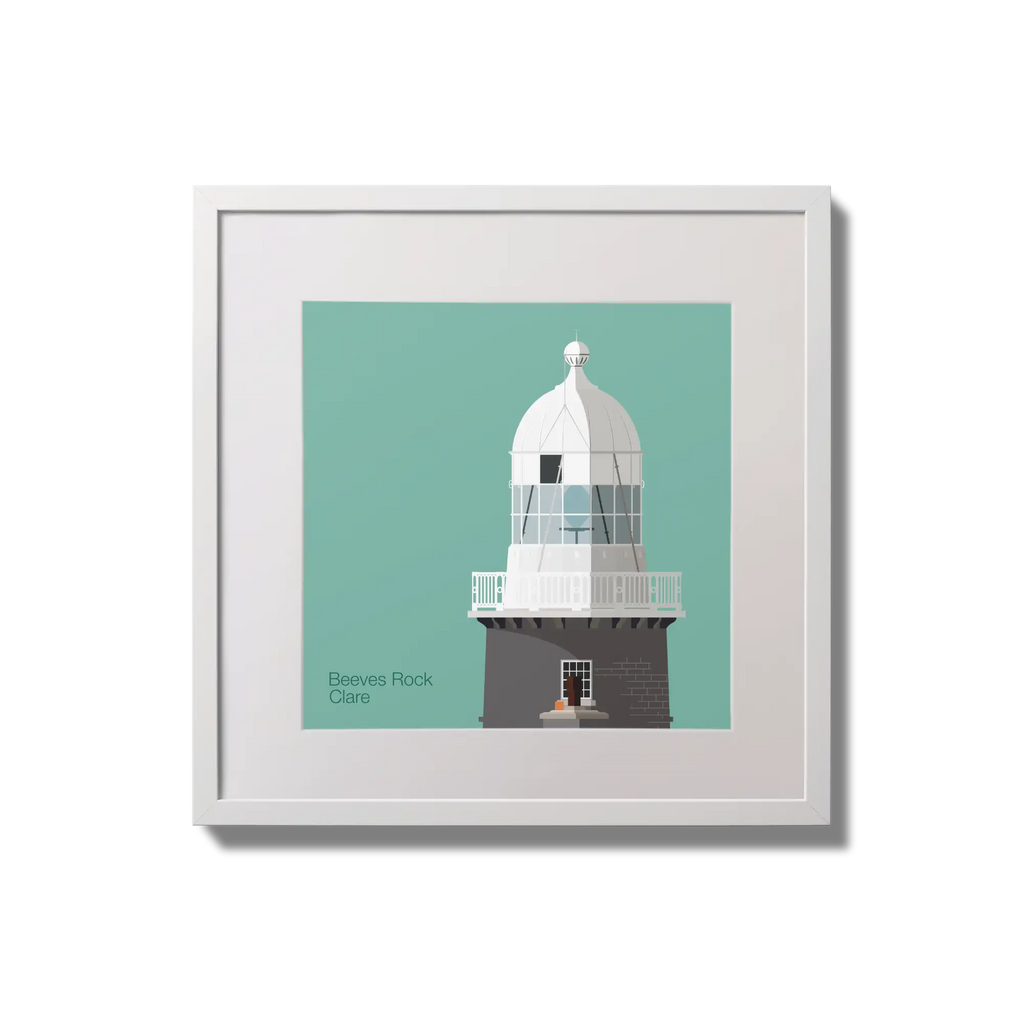Illustration of Beeves Rock lighthouse on an ocean green background,  in a white square frame measuring 20x20cm.