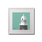 Illustration of Beeves Rock lighthouse on an ocean green background,  in a white square frame measuring 20x20cm.