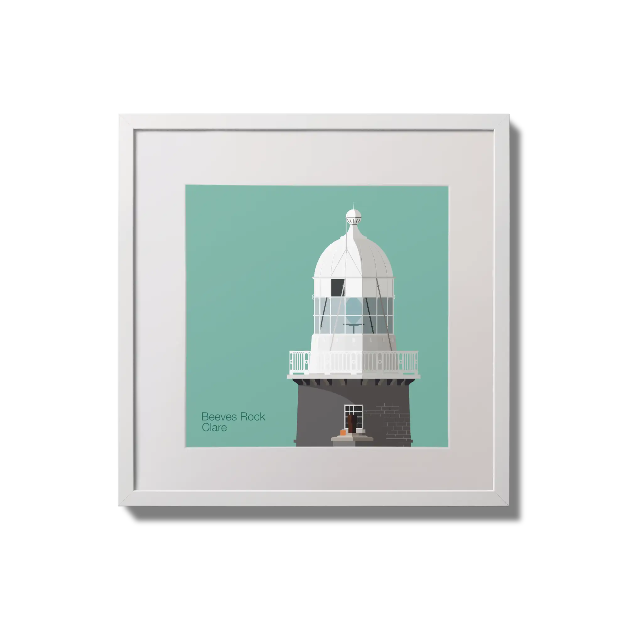 Illustration of Beeves Rock lighthouse on an ocean green background,  in a white square frame measuring 20x20cm.