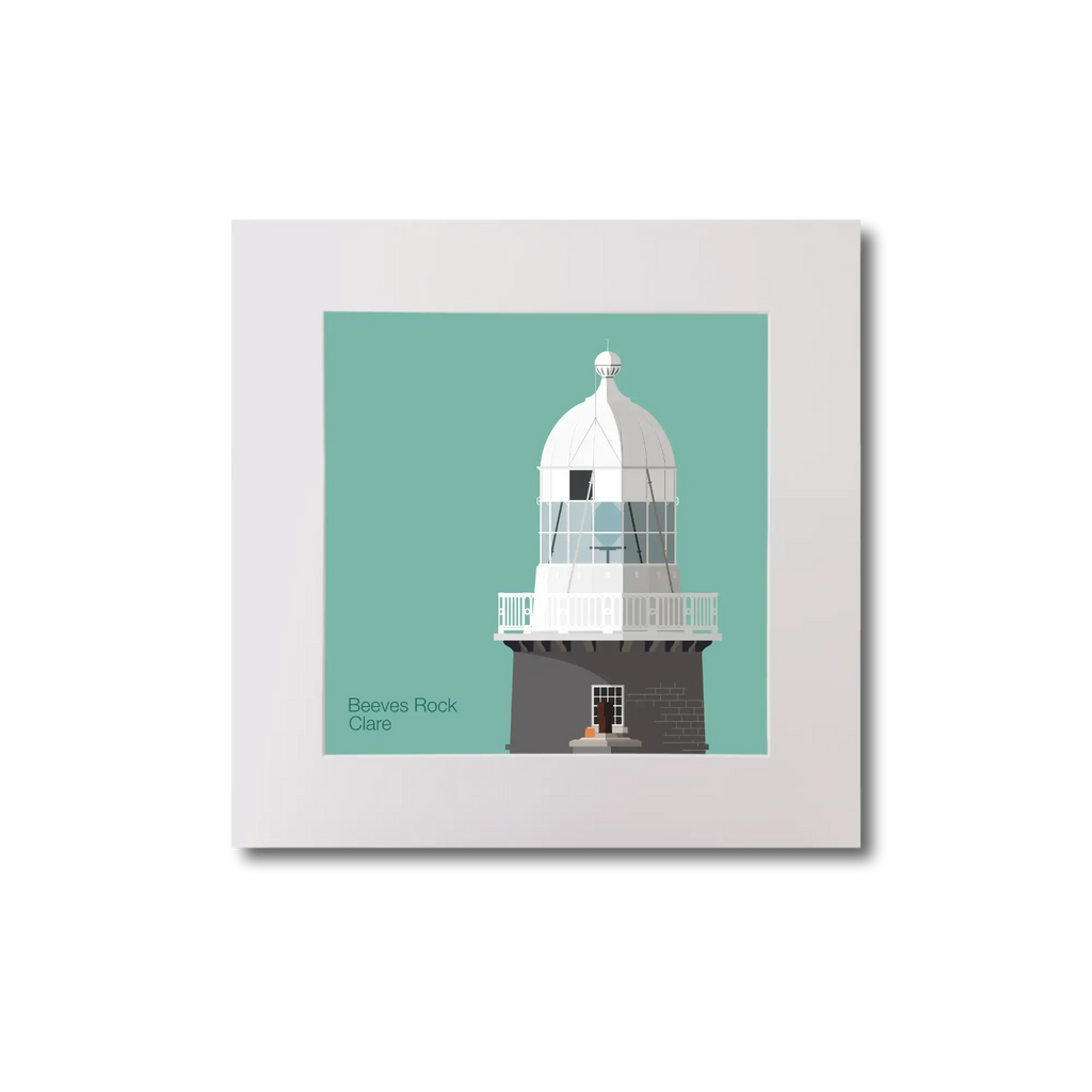 Illustration of Beeves Rock lighthouse on an ocean green background, mounted and measuring 20x20cm.