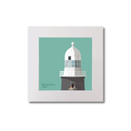 Illustration of Beeves Rock lighthouse on an ocean green background, mounted and measuring 20x20cm.