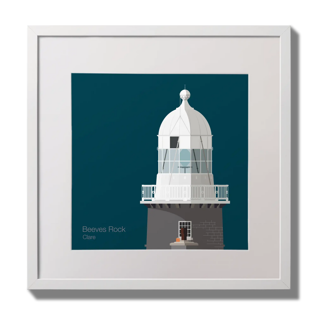 Illustration of Beeves Rock lighthouse on a midnight blue background,  in a white square frame measuring 30x30cm.