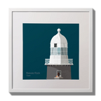 Illustration of Beeves Rock lighthouse on a midnight blue background,  in a white square frame measuring 30x30cm.