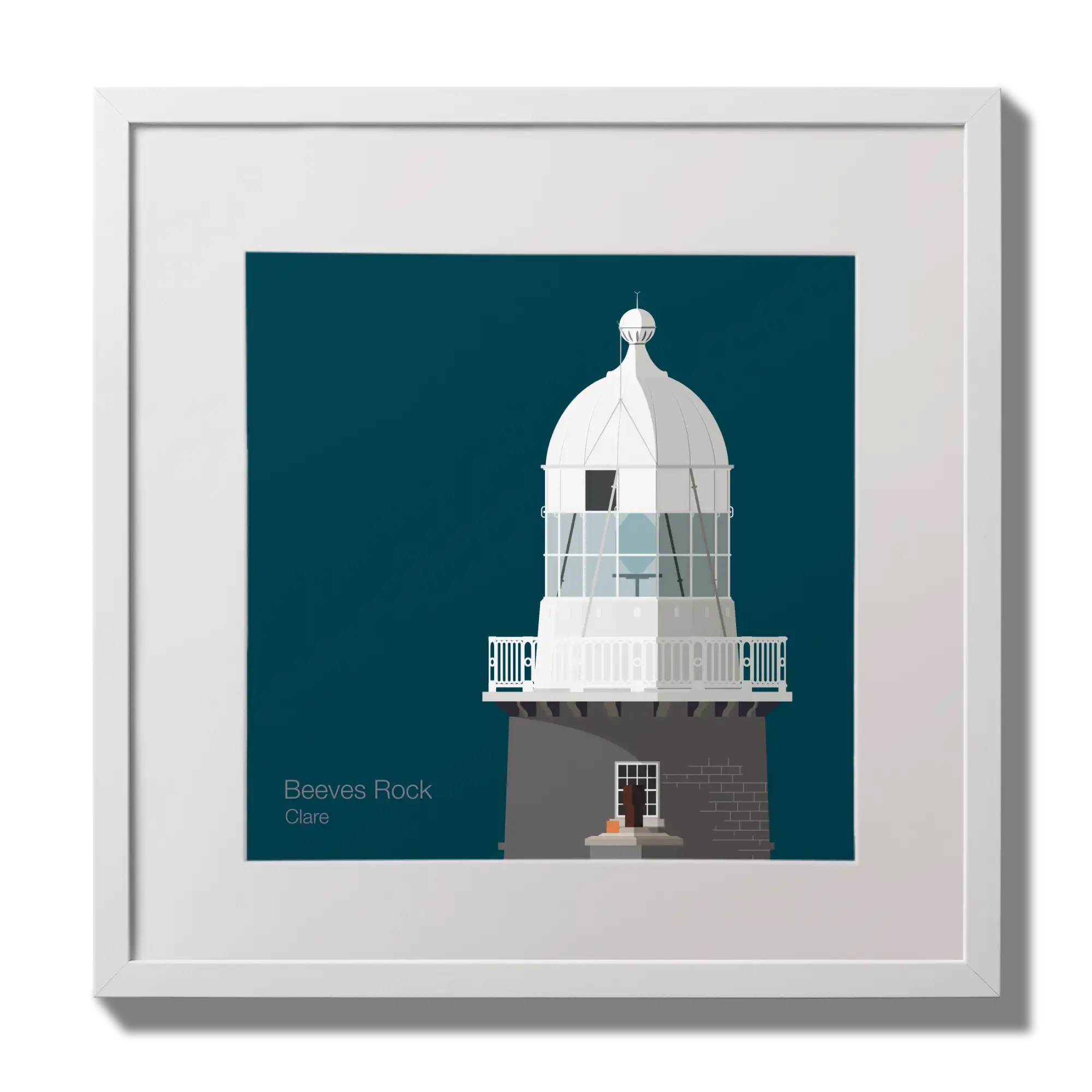 Illustration of Beeves Rock lighthouse on a midnight blue background,  in a white square frame measuring 30x30cm.