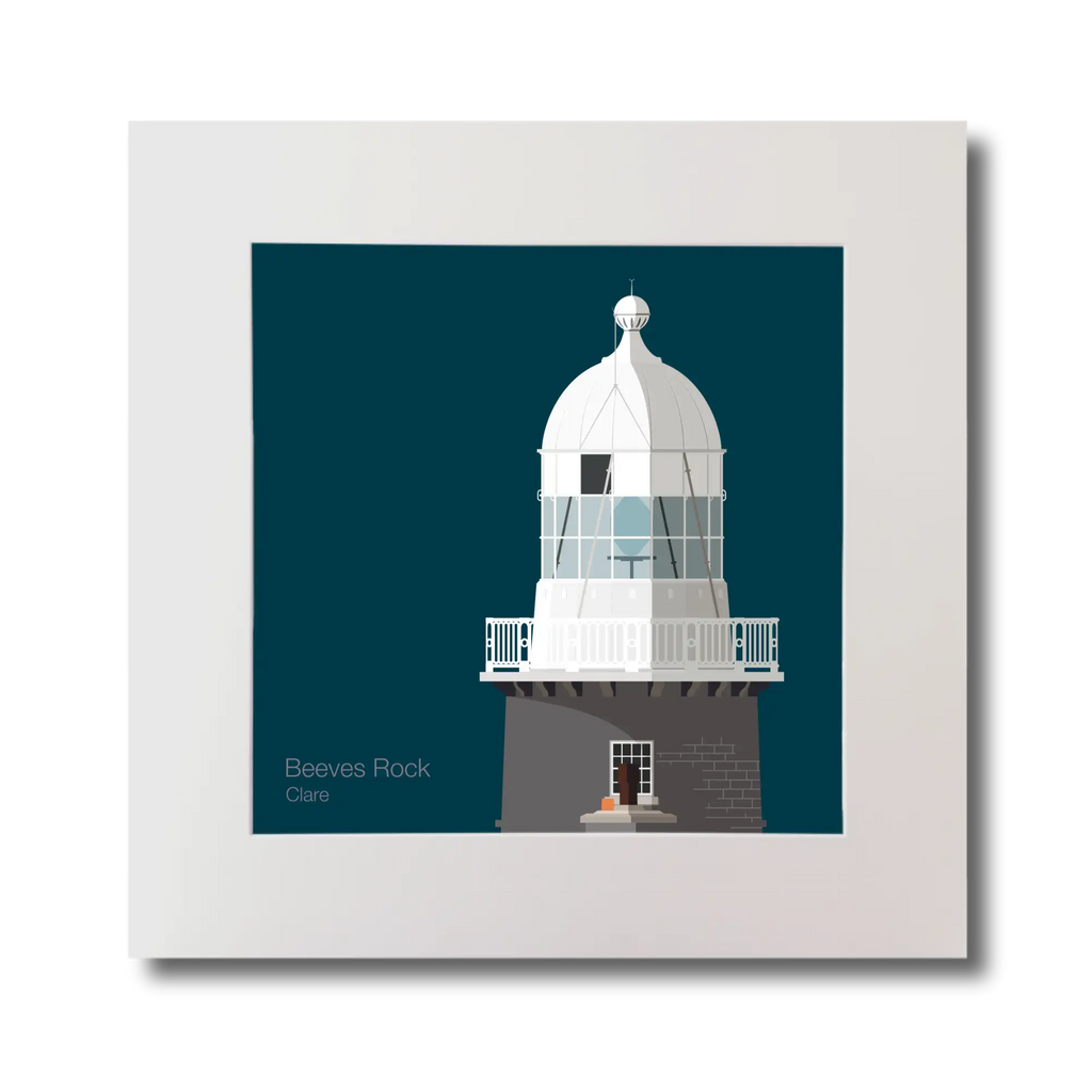 Illustration of Beeves Rock lighthouse on a midnight blue background, mounted and measuring 30x30cm.