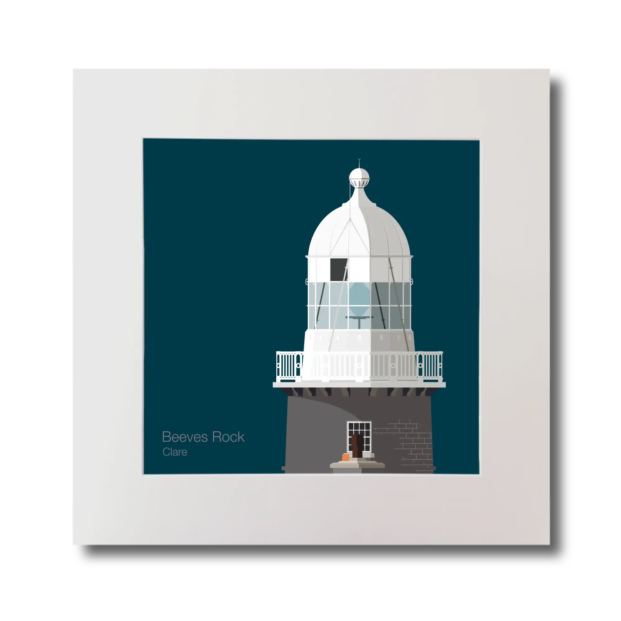 Illustration of Beeves Rock lighthouse on a midnight blue background, mounted and measuring 30x30cm.