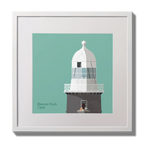 Illustration of Beeves Rock lighthouse on an ocean green background,  in a white square frame measuring 30x30cm.
