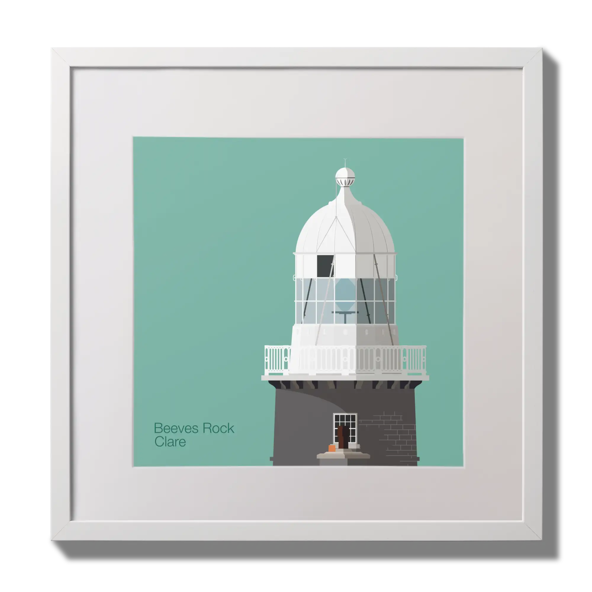 Illustration of Beeves Rock lighthouse on an ocean green background,  in a white square frame measuring 30x30cm.