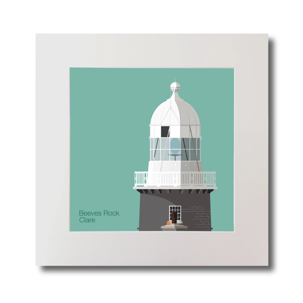 Illustration of Beeves Rock lighthouse on an ocean green background, mounted and measuring 30x30cm.