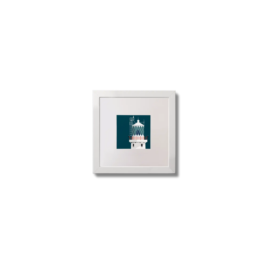 Illustration of Tuskar Rock lighthouse on a midnight blue background,  in a white square frame measuring 10x10cm.