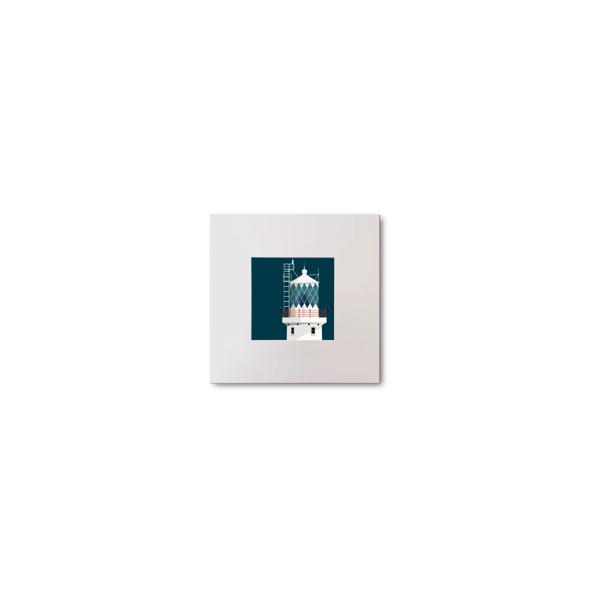Illustration of Tuskar Rock lighthouse on a midnight blue background, mounted and measuring 10x10cm.