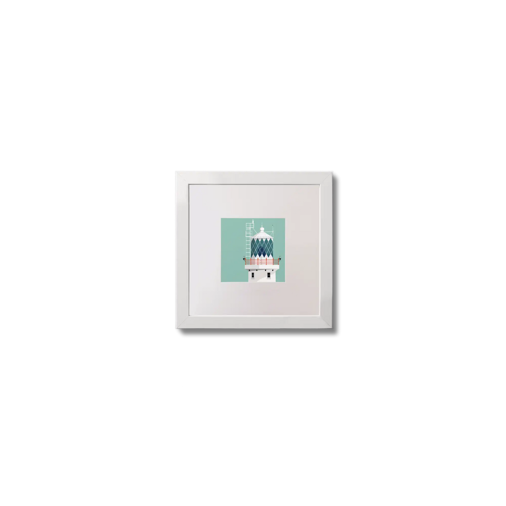 Illustration of Tuskar Rock lighthouse on an ocean green background,  in a white square frame measuring 10x10cm.