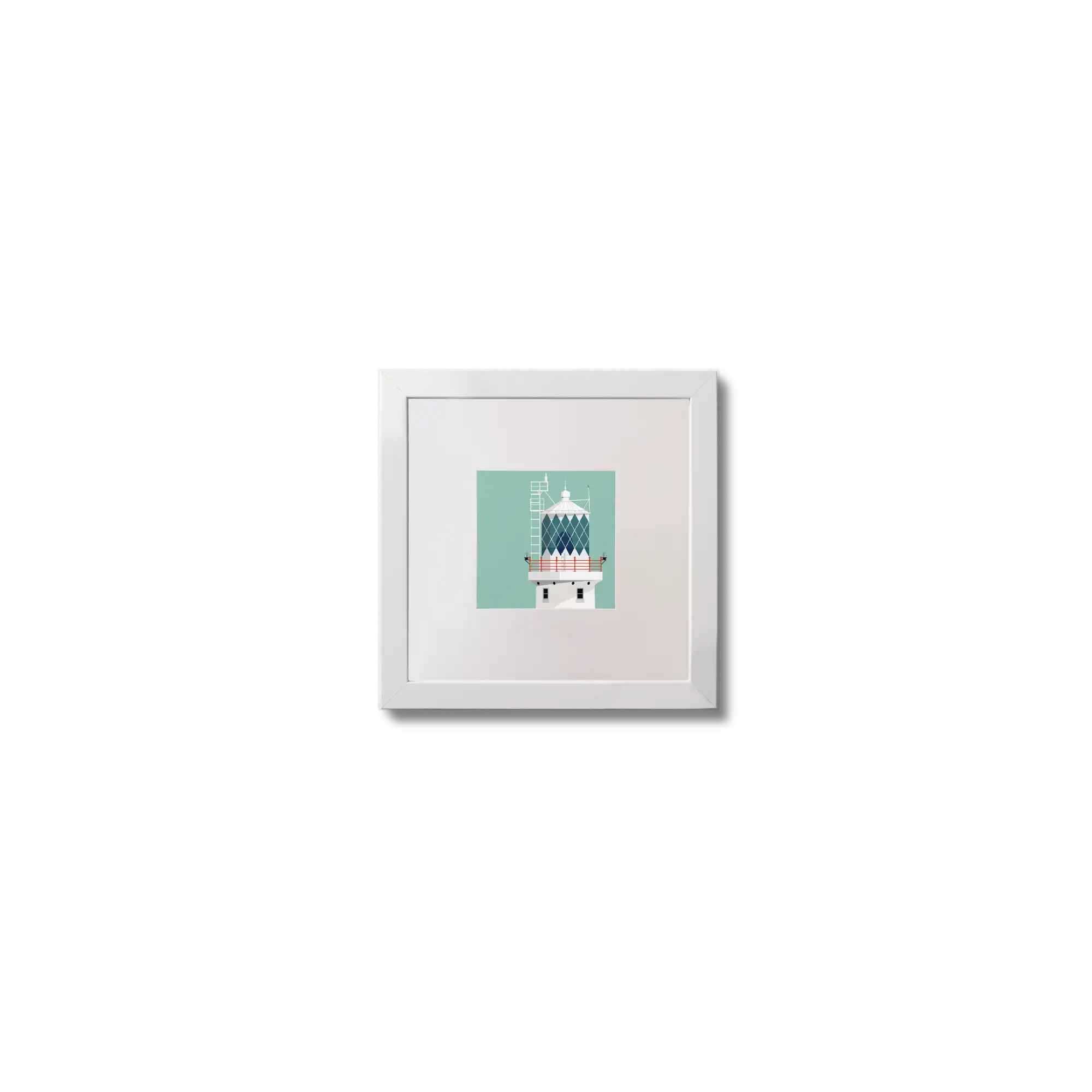 Illustration of Tuskar Rock lighthouse on an ocean green background,  in a white square frame measuring 10x10cm.