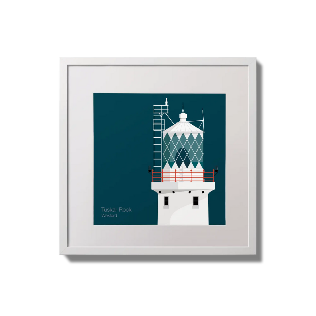 Illustration of Tuskar Rock lighthouse on a midnight blue background,  in a white square frame measuring 20x20cm.