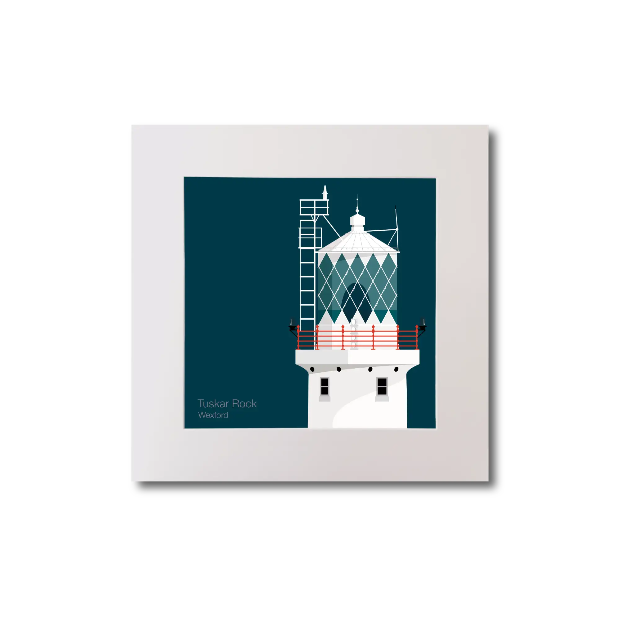 Illustration of Tuskar Rock lighthouse on a midnight blue background, mounted and measuring 20x20cm.