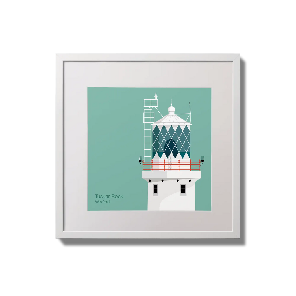 Illustration of Tuskar Rock lighthouse on an ocean green background,  in a white square frame measuring 20x20cm.
