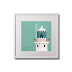 Illustration of Tuskar Rock lighthouse on an ocean green background,  in a white square frame measuring 20x20cm.
