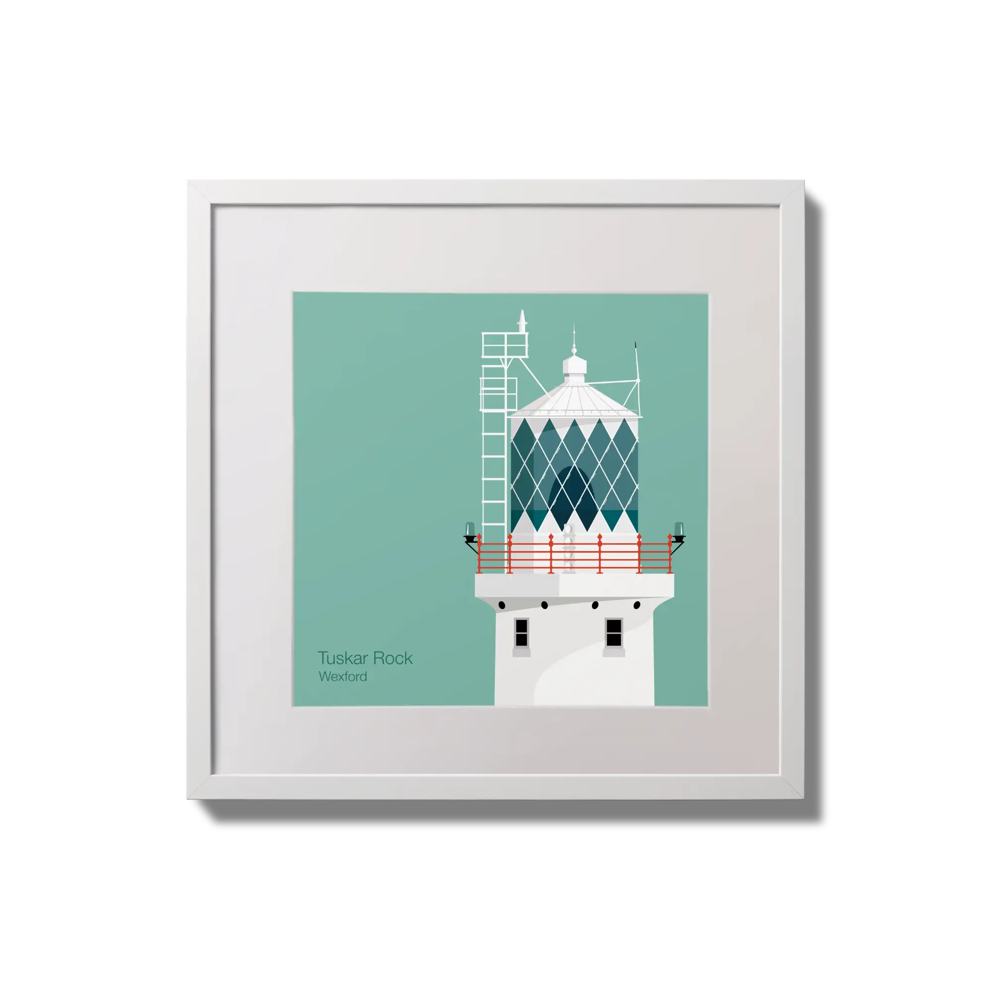 Illustration of Tuskar Rock lighthouse on an ocean green background,  in a white square frame measuring 20x20cm.