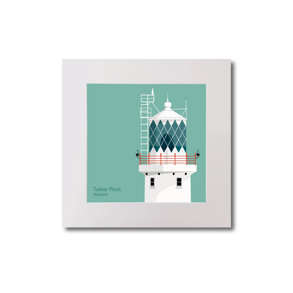 Illustration of Tuskar Rock lighthouse on an ocean green background, mounted and measuring 20x20cm.