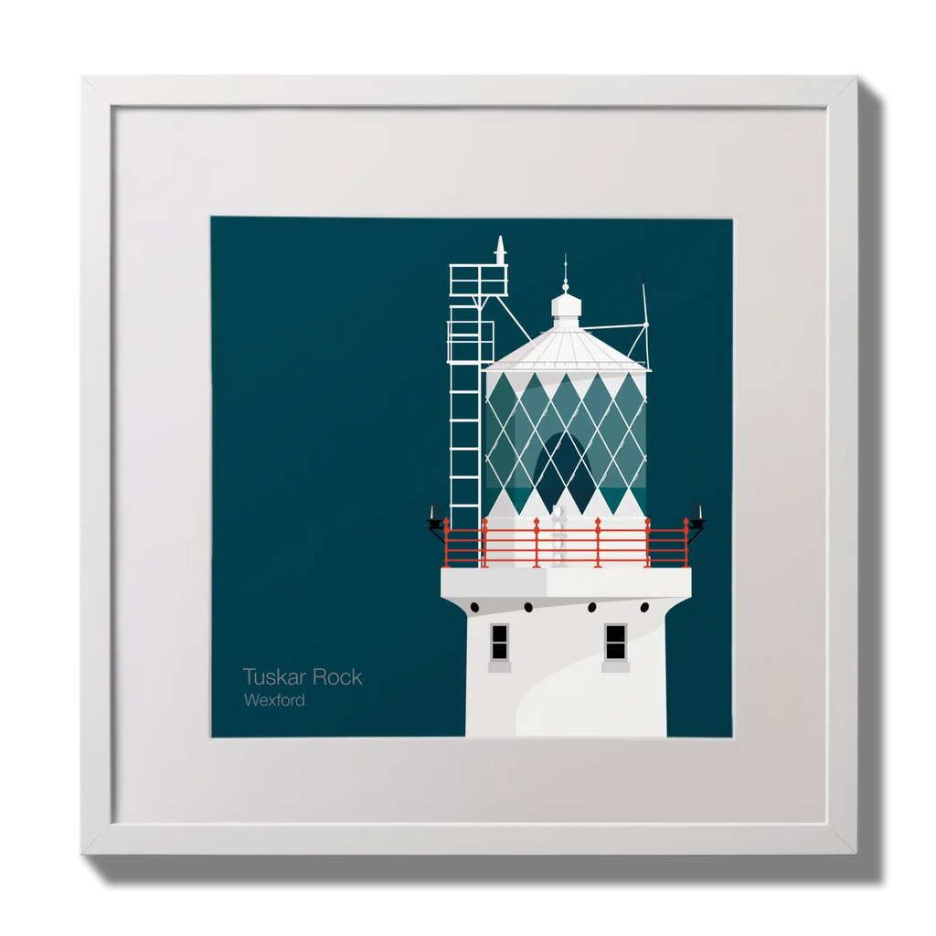 Illustration of Tuskar Rock lighthouse on a midnight blue background,  in a white square frame measuring 30x30cm.