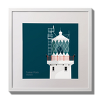 Illustration of Tuskar Rock lighthouse on a midnight blue background,  in a white square frame measuring 30x30cm.