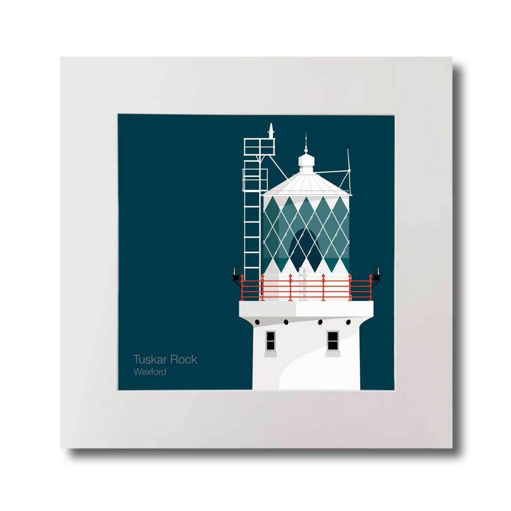 Illustration of Tuskar Rock lighthouse on a midnight blue background, mounted and measuring 30x30cm.