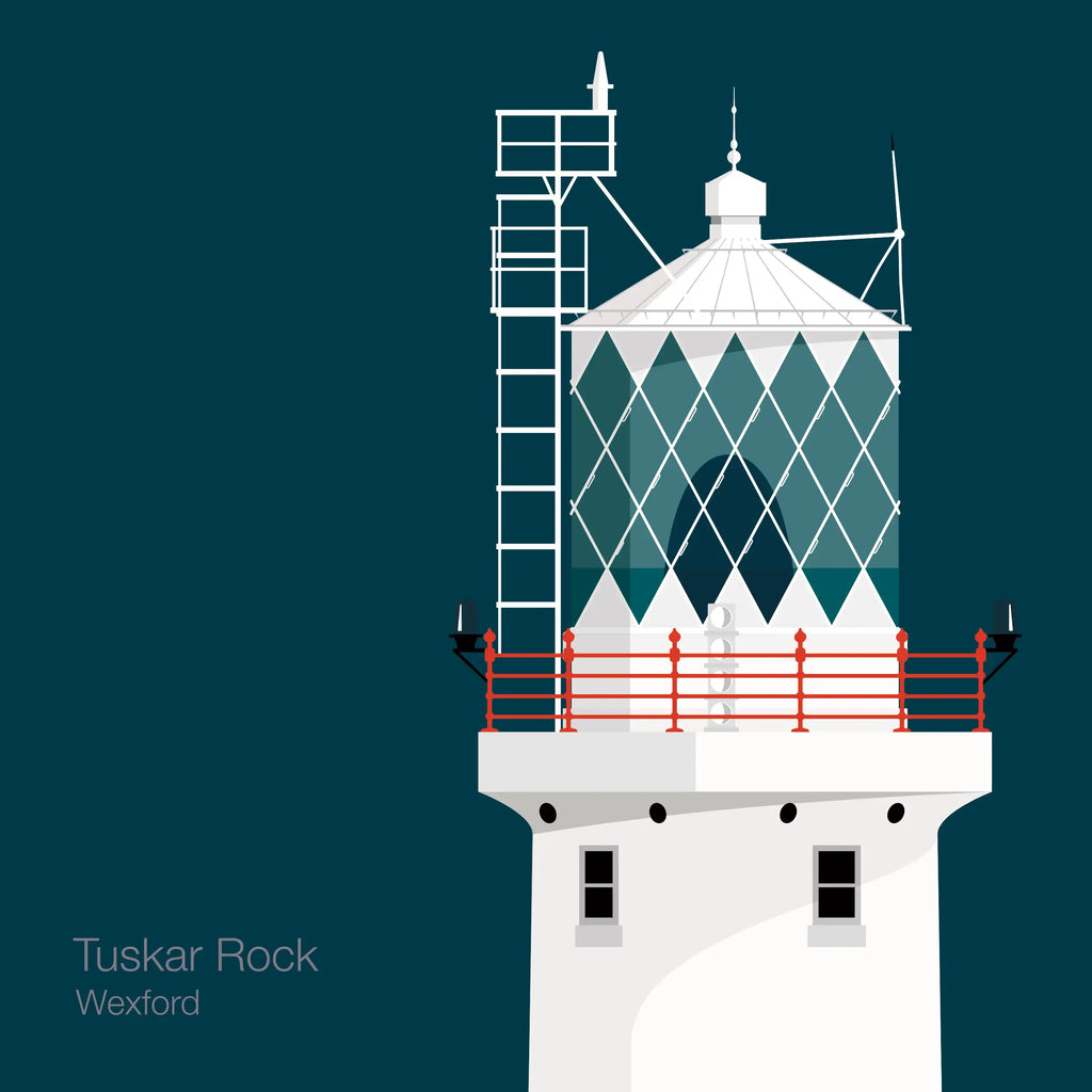 Illustration of Tuskar Rock lighthouse on a midnight blue background