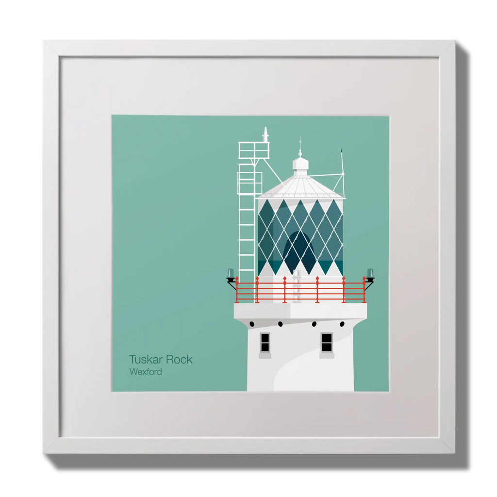Illustration of Tuskar Rock lighthouse on an ocean green background,  in a white square frame measuring 30x30cm.