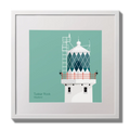 Illustration of Tuskar Rock lighthouse on an ocean green background,  in a white square frame measuring 30x30cm.