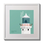 Illustration of Tuskar Rock lighthouse on an ocean green background,  in a white square frame measuring 30x30cm.