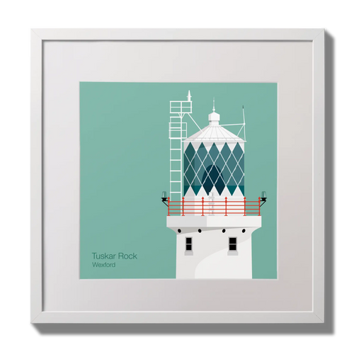 Illustration of Tuskar Rock lighthouse on an ocean green background,  in a white square frame measuring 30x30cm.