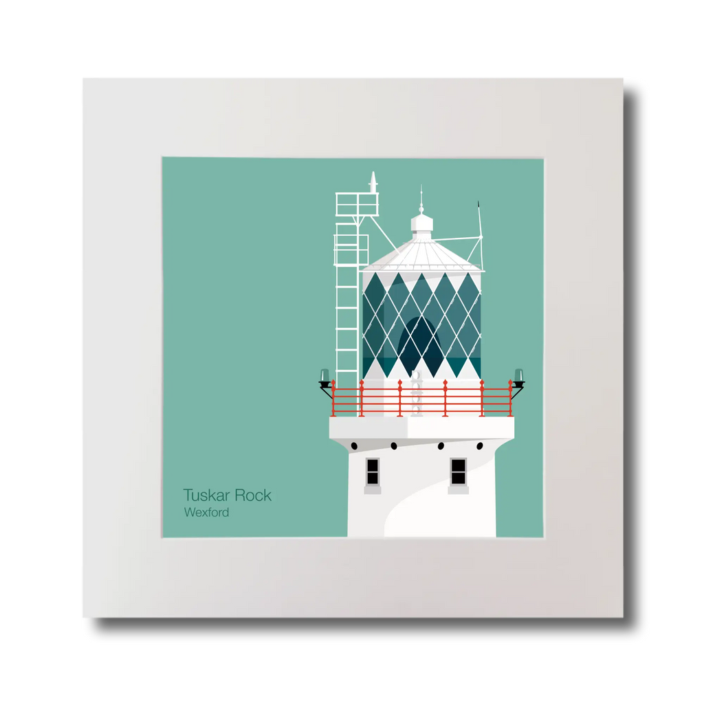 Illustration of Tuskar Rock lighthouse on an ocean green background, mounted and measuring 30x30cm.