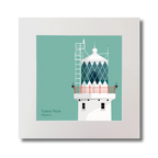 Illustration of Tuskar Rock lighthouse on an ocean green background, mounted and measuring 30x30cm.