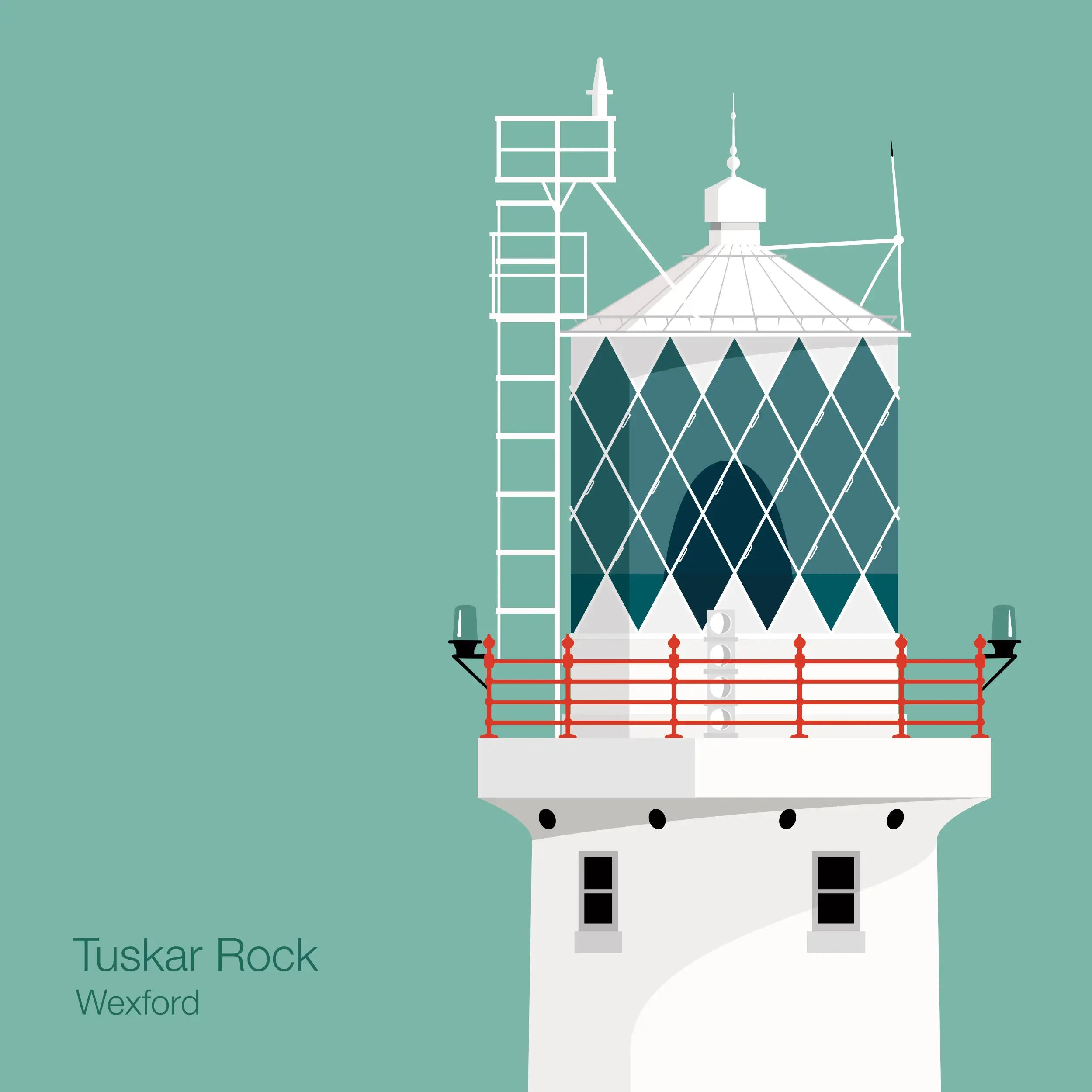 Illustration of Tuskar Rock lighthouse on an ocean green background