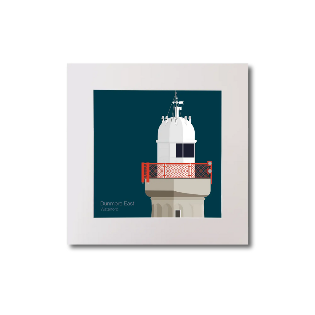 Artwork of a lighthouse with a red railing on a midnight blue background