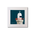 Artwork of a lighthouse with a red railing on a midnight blue background