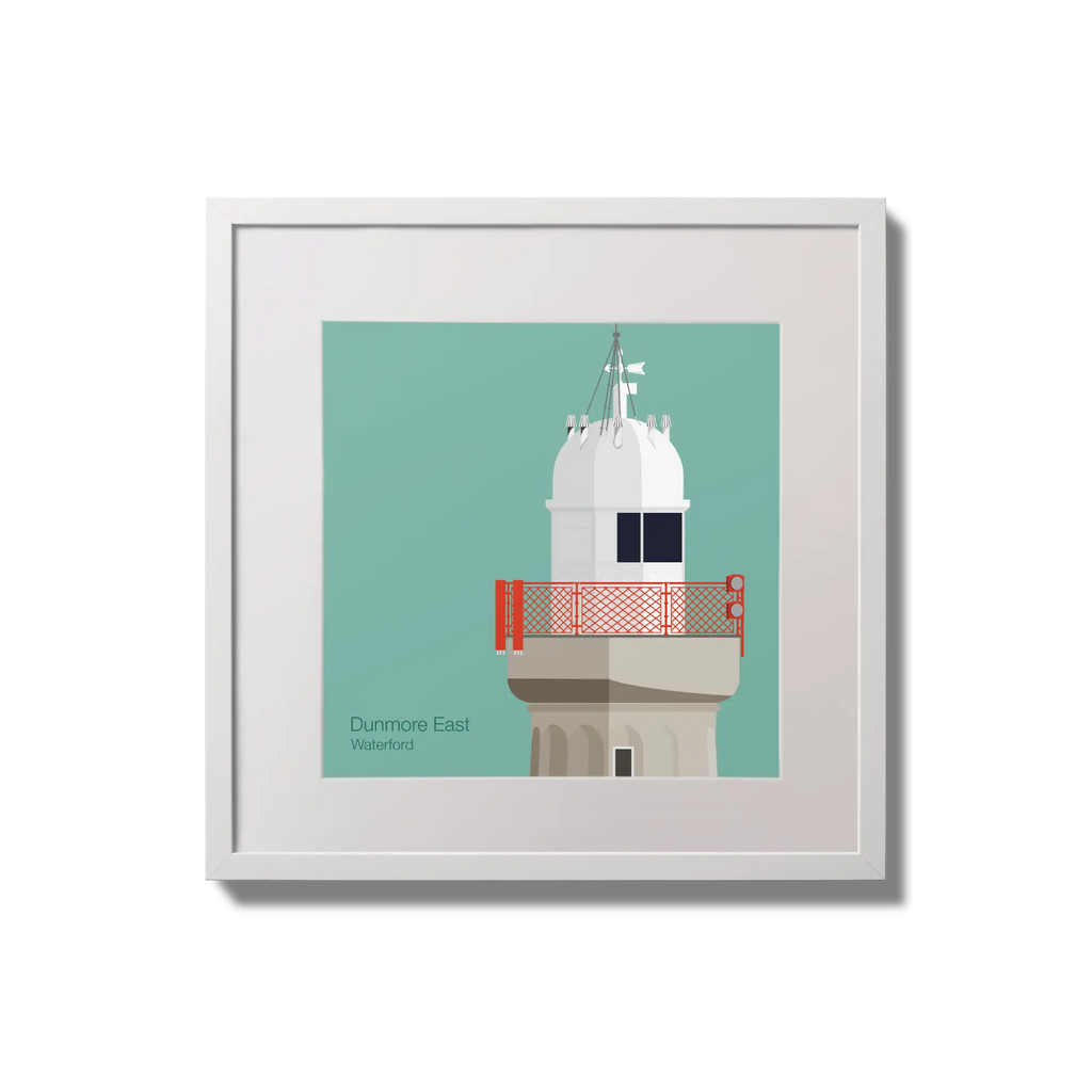 Framed artwork of a lighthouse with a red railing on an ocean green background