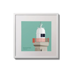 Framed artwork of a lighthouse with a red railing on an ocean green background