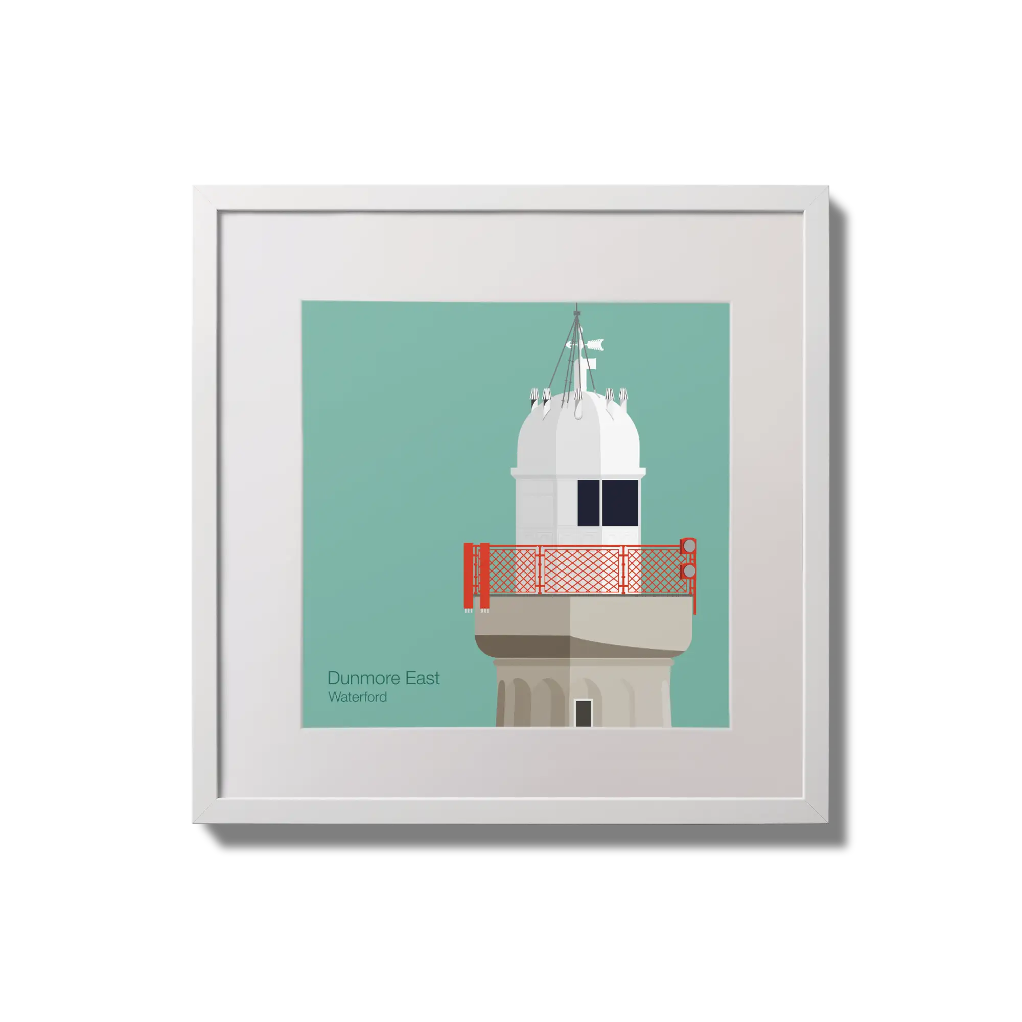 Framed artwork of a lighthouse with a red railing on an ocean green background