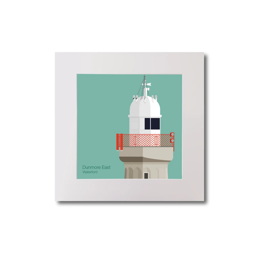 Artwork of a lighthouse with a red railing on an ocean green background