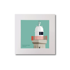 Artwork of a lighthouse with a red railing on an ocean green background