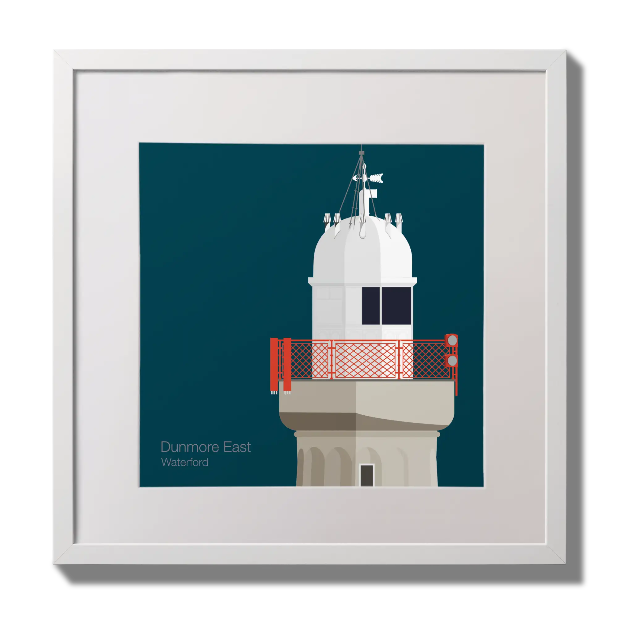 Framed artwork of a lighthouse with a red railing on a midnight blue background