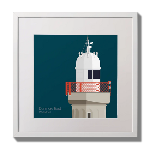 Framed artwork of a lighthouse with a red railing on a midnight blue background