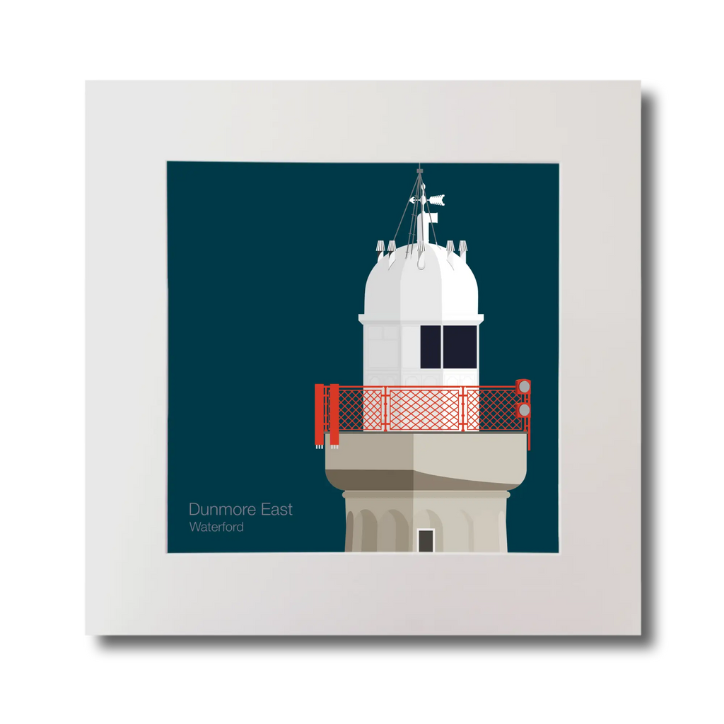 Artwork of a lighthouse with a red railing on a midnight blue background