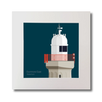 Artwork of a lighthouse with a red railing on a midnight blue background