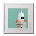 Framed artwork of a lighthouse with a red railing on an ocean green background