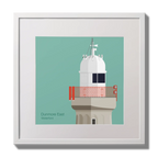 Framed artwork of a lighthouse with a red railing on an ocean green background