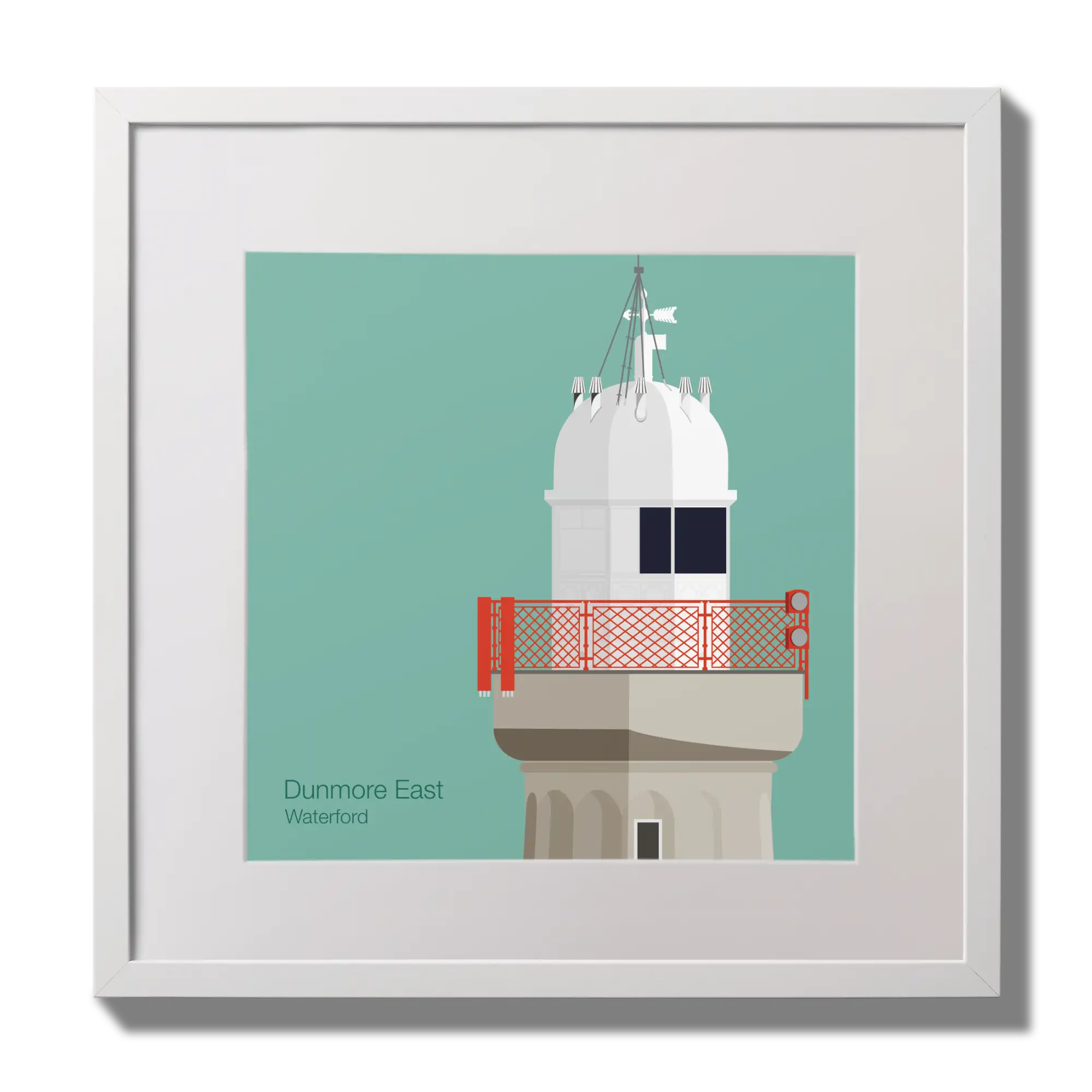 Framed artwork of a lighthouse with a red railing on an ocean green background