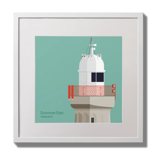 Framed artwork of a lighthouse with a red railing on an ocean green background