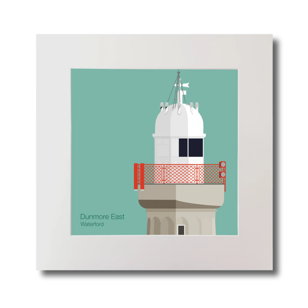 Illustration of a lighthouse on a teal background with 'Dunmore East, Waterford' text.